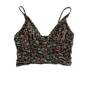 Urban Outfitters Multicolor Floral Cropped Cami Ruched Mesh Spaghetti Strap Top